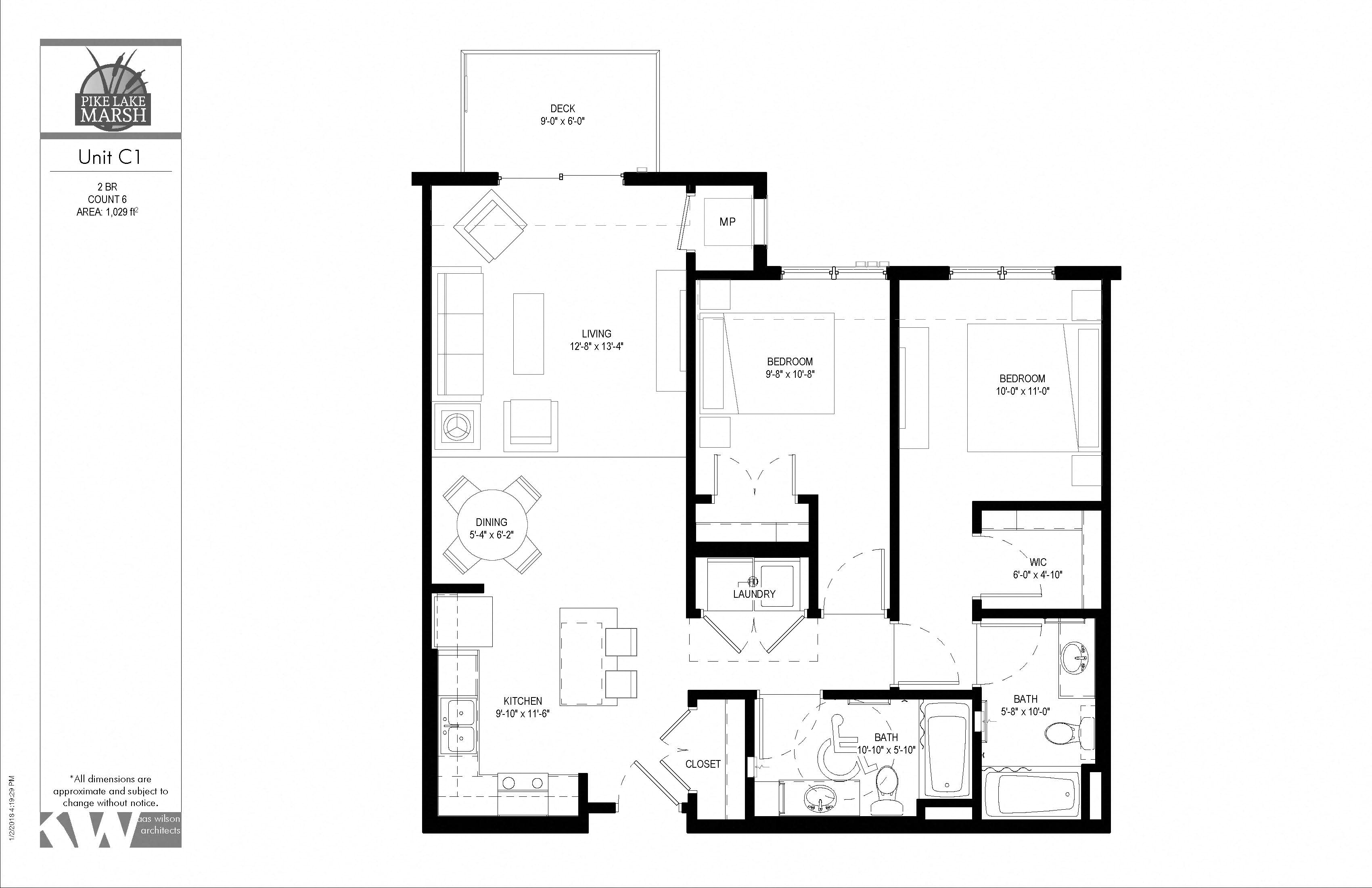 Floor plan for 2 beds, 2 baths, 1029 sqft